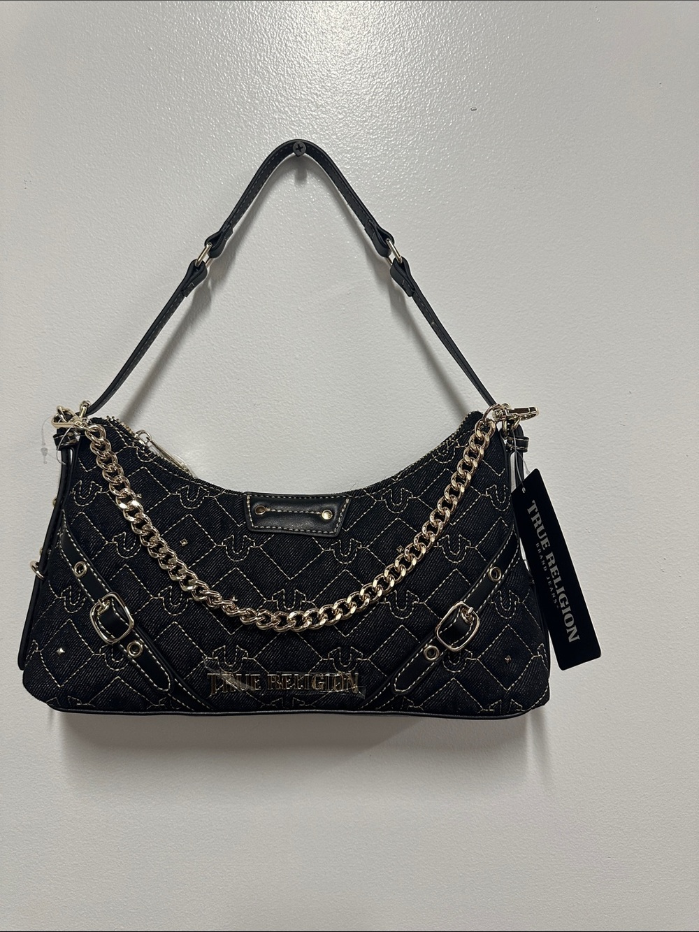 True Religion Black Quilted Shoulder Bag with Gold Chain